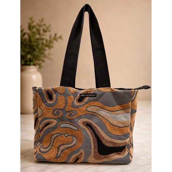 Slainte San Francisco Handbags - Slainte San Francisco Abstract Swirl Tapestry Tote Bag Grey Gold Earthy Tones